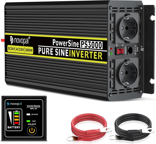 novopal Power Inverter Pure Sinusgolf-3000 Watt 24V DC naar 230V/240V AC Converter-2AC EU Outlets Car Inverter met Dua USB Ports-5 Meter Afstandsbediening en Twee Koelventilatoren-Peak Power 6000 Watt