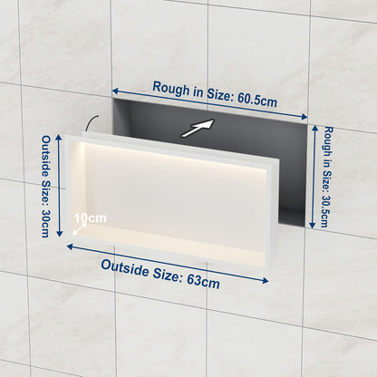 Wandnis douche roestvrij staal met LED-licht, ingebedde douchebak 60x30cm met 3 kleuren voor badkameropslag en decoratie, wit