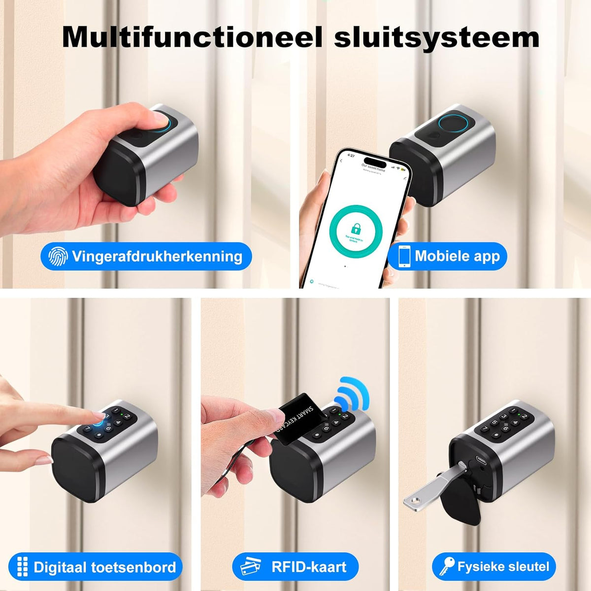 Deurslot, vingerafdrukslot, verstelbare lengte, elektronisch deurslot, smart lock met RFID-kaart, app, wifi, bluetooth-ontgrendeling, verlengaccessoires, 60-90 mm, zilver