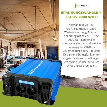 solartronics Spanningsomvormer FS2000D 12V 2000/4000 Watt Pure Sinus BLAUW m. Display FS Serie LiFePO4 / lithium, lood-, gel of AGM-batterij compatibel inverter omvormer