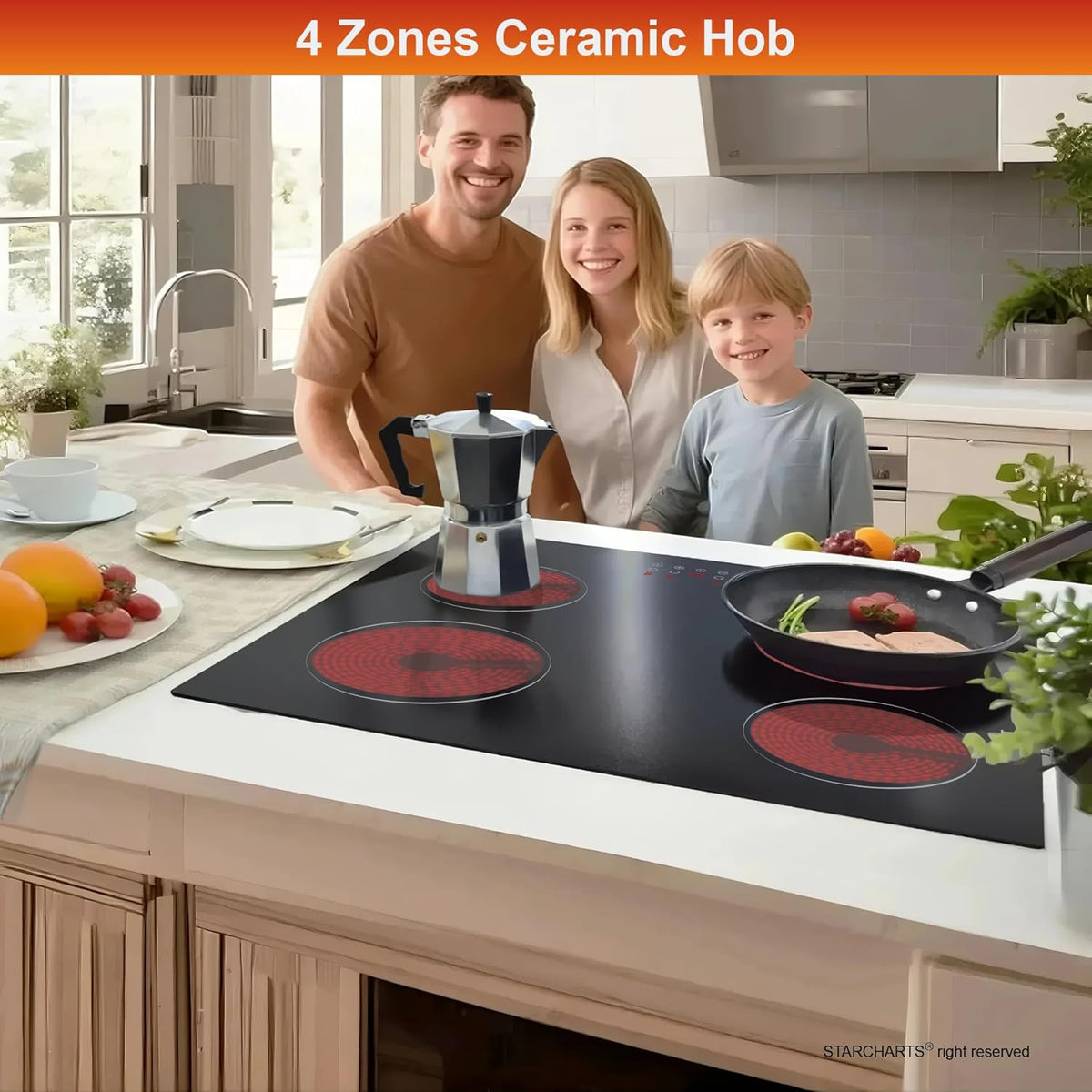 STARCHARTS elektrische kookplaat, ingebouwde keramische kookplaat, 4 zones kookplaten met totaal vermogen 6000 W, timer, kinderslot, zwart glas