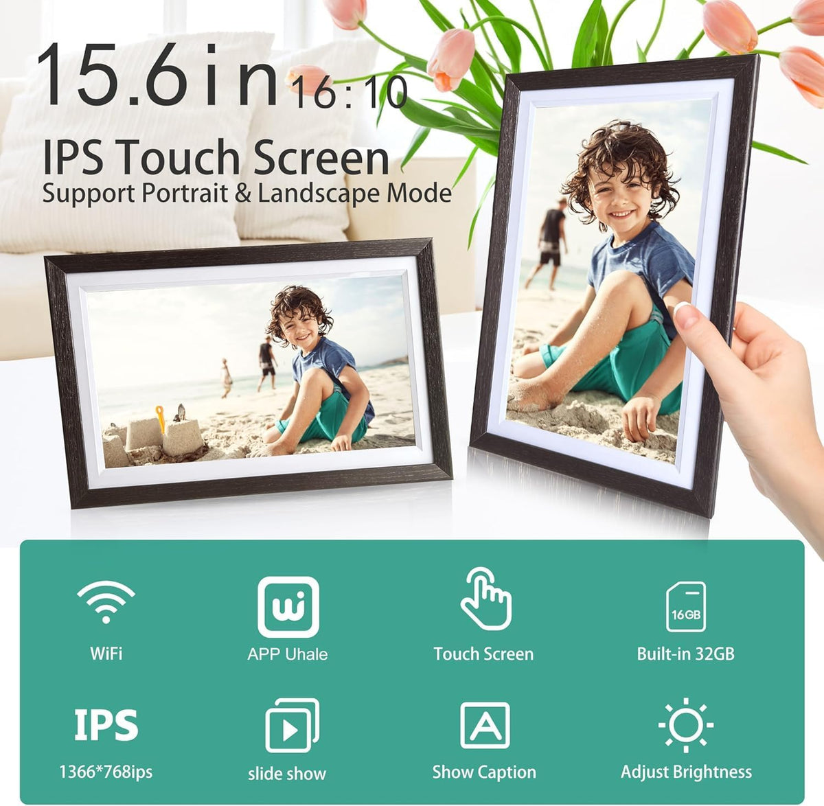 15,6 inch WLAN digitale fotolijst, 1366 x 768 IPS touchscreen, digitale fotolijst, 32G walnoot, deel foto's of video's via de Uhale-app