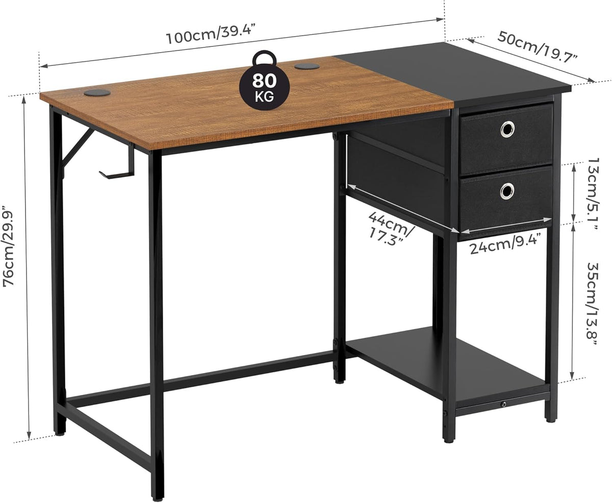 Mondeer Computerbureau, bureau met 2 laden en opbergplank links of rechts, 100 x 50 x 76 cm, industriële stijl, thuiskantoor werkstation studie, rustiek bruin en zwart