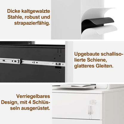 Rolcontainer met laden, mobiele archiefkast onder bureau, afsluitbare bureaukast, printtafel, 3 laden, 4 sleutels, voorgemonteerd, kantoor, thuiskantoor, voor A4/Legal/Letter