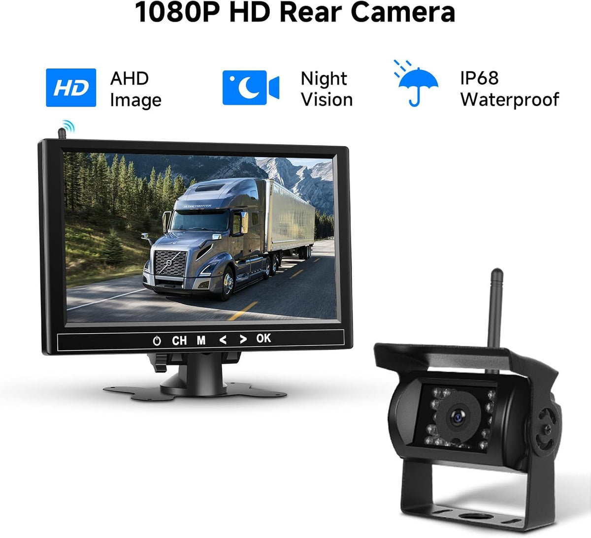 Podofo 9" quad-monitor set met 4 camera's, 1080p, IP68, nachtzicht, dodehoekdetectie, geschikt voor campers/trailers/vrachtwagens.