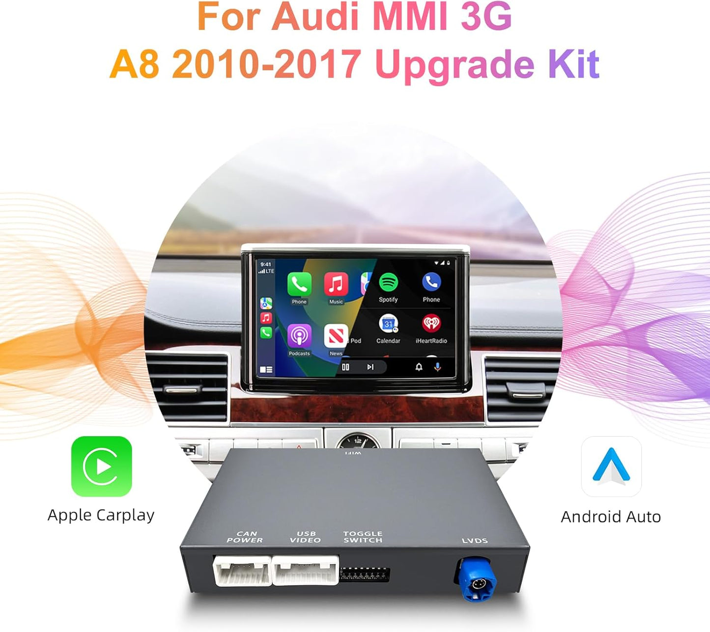 CarPlay Module – Draadloze CarPlay Dongle – Android Auto Adapter – MirrorLink Interface – Auto Multimediasysteem – Plug & Play Installatie – Stuurwielbediening – Compatibel met Audi A8 2010-2017 6,5"/7" MMI 3G Scherm