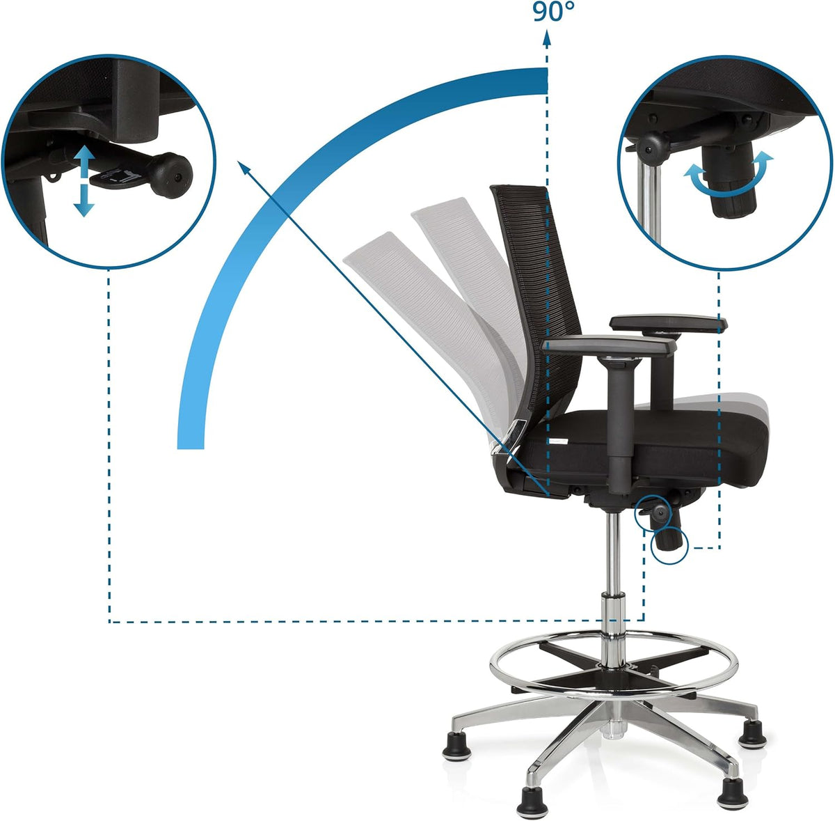 hjh OFFICE Top Work 77 657550 Werkstoel, bureaustoel, met stof/net, zwart, hoog, ergonomisch, stoel en voetensteun, in hoogte verstelbaar