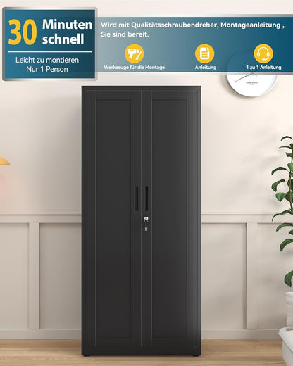 Dossierkast, afsluitbare garagekast, 3 niveaus, bureaukast, werkplaatskast met verstelbare planken, voor kantoor, garage en bijkeuken, 40 x 75 x 181,5 cm, zwart