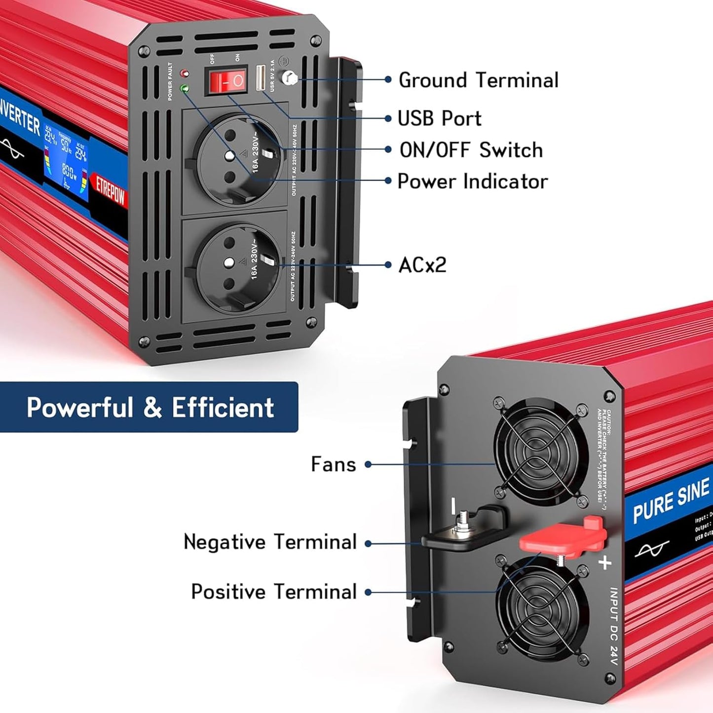 Omvormer 1500W /3000W 24V naar 230V Pure Sinus Volt ETREPOW Auto spanningsomvormer Omvormer Converter Pure Sine Wave Power Inverter DC AC omvormer (Draadloze afstandsbediening, display)