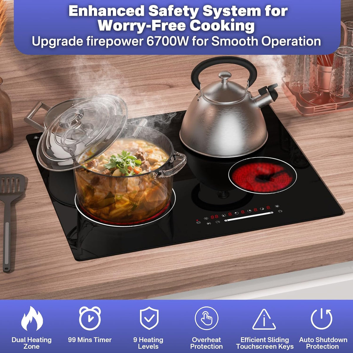 Infrarood kookpan met 4 zones, 60 cm, voor de keuken, elektrische kookplaat, 6700 W, ingebouwde kookplaat, keramische kookplaat, vier ringen, glazen kooktop