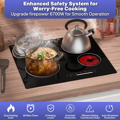Infrarood kookpan met 4 zones, 60 cm, voor de keuken, elektrische kookplaat, 6700 W, ingebouwde kookplaat, keramische kookplaat, vier ringen, glazen kooktop