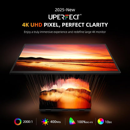 UPERFECT Portable Monitor 4K 23.8" QLED | 400 Nits 24" Large Monitor | 3840 * 2160 UHD 100% DCI-P3 | 1MS FreeSync | USB-C & HDMI | VESA & Stand | Second Screen for Laptop, Mini PC, Game Consoles - QUORE