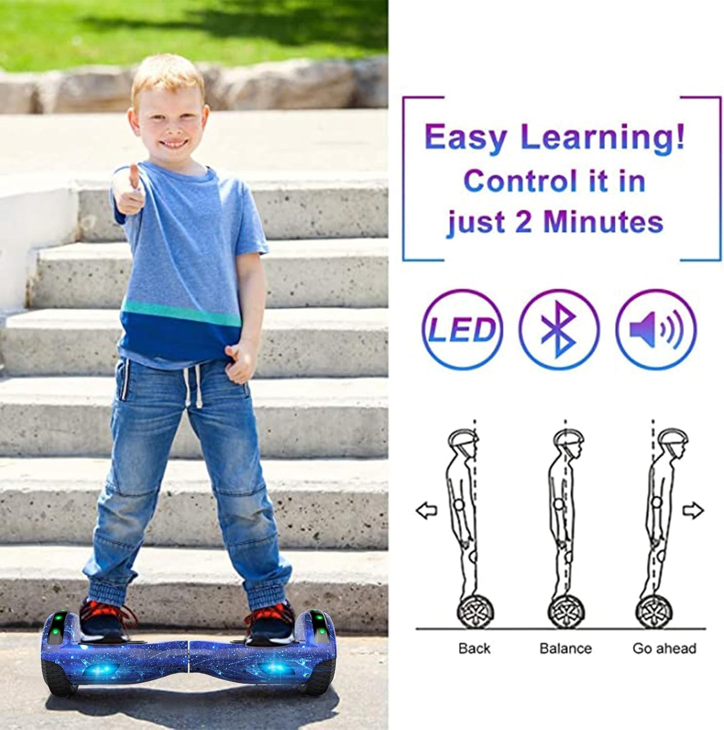 SISIGAD Hoverboard, elektrische step met Bluetooth en 6,5 inch flitswielen en led-koplampen, spatborden, alle terreinen, voor kinderen