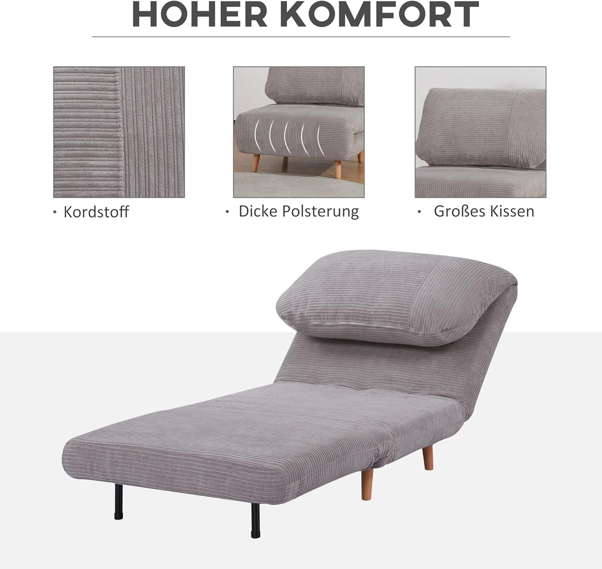 HOMCOM 2-in-1 Sofa Bed, Armchair Bed, Adjustable Folding Mattress Guest Bed, Corduroy Chaise Lounge, for Bedrooms, Living Rooms, Light Grey 82 x 89 x 83 cm - QUORE