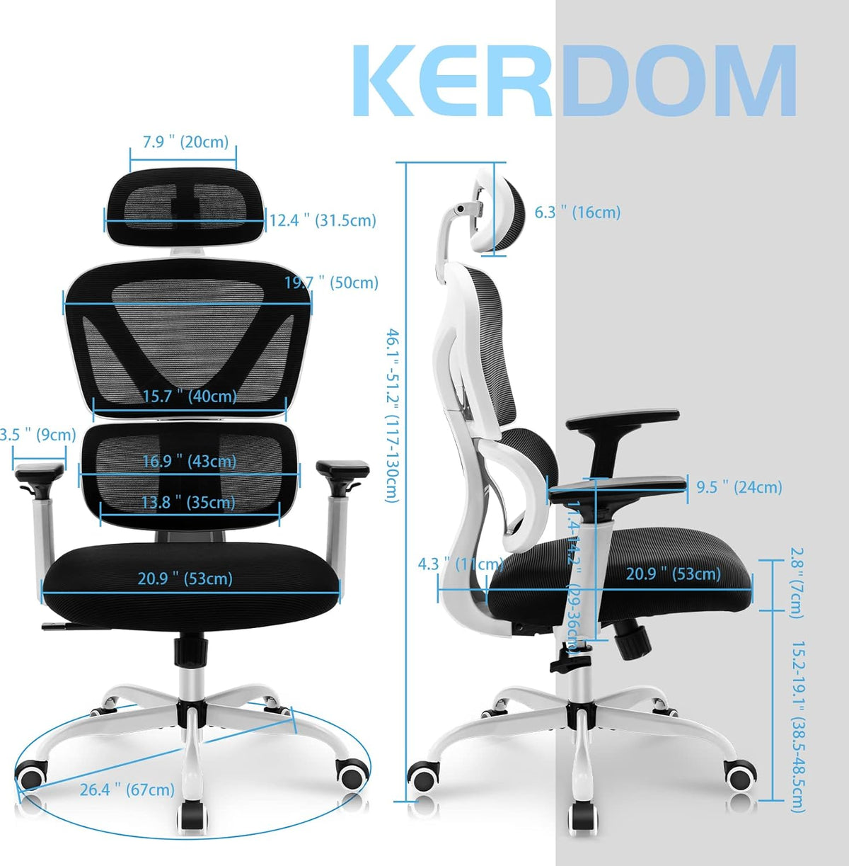 KERDOM KD9070 Bureaustoel Ergonomische bureaustoel met verstelbare hoofdsteun Armleuningen Lendensteun tegen rugpijn Bureaustoel 150kg/330LB laadbalk,55 * 25 * 55,wit
