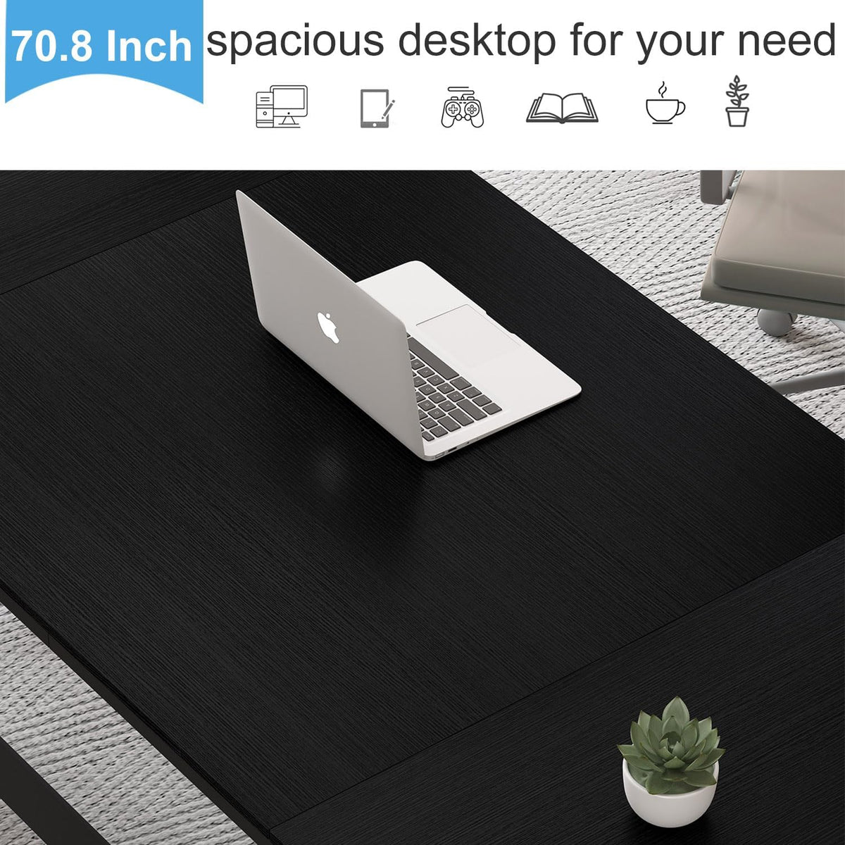 LVB Bureau, moderne grote computertafel voor thuiskantoor, houten tafel, werktafel, computertafel voor schrijven en leren in de slaapkamer, eenvoudig gamingbureau, zwart
