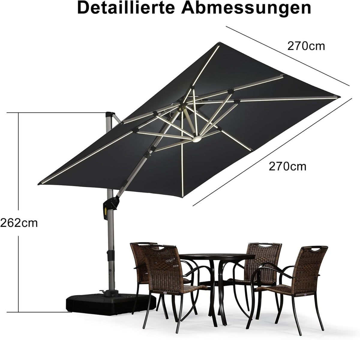 Purple Leaf Parasol 300 cm met led-verlichting op zonne-energie, 270 x 270 cm, zonnescherm, marktparasol, tuinparasol met zwengel, terrasparasol met zwengel, 360° rotatie, zonwering UV50+, grijs