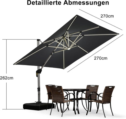 Purple Leaf Parasol 300 cm met led-verlichting op zonne-energie, 270 x 270 cm, zonnescherm, marktparasol, tuinparasol met zwengel, terrasparasol met zwengel, 360° rotatie, zonwering UV50+, grijs