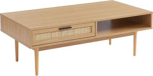 BAÏTA Salontafel Amana eiken look en rieten rotan 2 laden