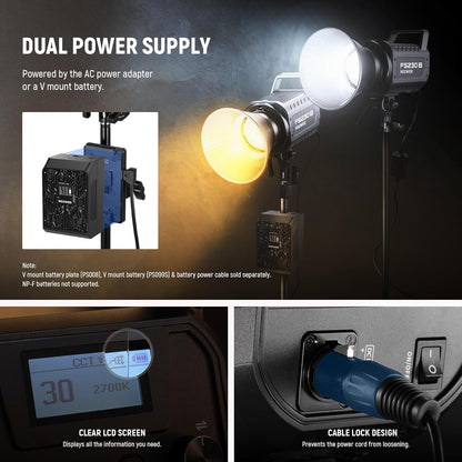 NEEWER FS230B LED-videolamp, studiolicht met 2,4G/APP-besturing videolicht 230W Bi Color COB, stil continu licht met 4 PWM-dimsoorten, 110000Lux/m, 2700K - 6500K, CRI 97+, 12 scènes, Bowens houder