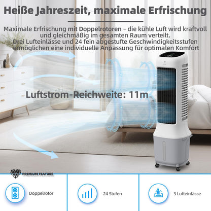 BE COOL Premium torenluchtkoeler met waterreservoir van 10 liter en wifi, 38 W, 24 snelheden, 3 windmodi, 12,5 m luchtstroombereik, led-display, afstandsbediening, timer, droogluchtfunctie
