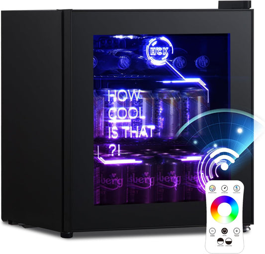HCK 48L Cyberpunk Bierkoelkast met Moderne RGB Verlichting, Mini Koelkast met Glazen Deur, Dranken Koelkast Gaming Koelkasten, 0-15°C Regeling, voor Slaapkamers, Gaming Room, Feesten, Zwart