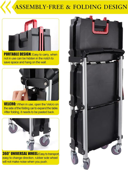 Opvouwbare Rolwagen – Servicewagen – Opbergkar – Trolley – Kar Op Wielen – 3 Niveaus, Opvouwbaar Tot 19 Cm – 165 Lbs Draagvermogen, 4 Zwenkwielen Met 2 Remmen