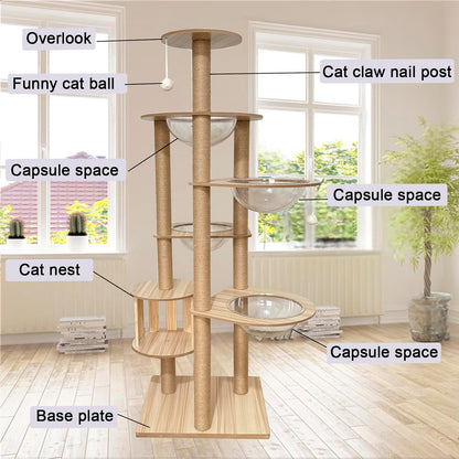 Mdpetpops Kattenkrabpaal, 183 cm, groot, met 4 capsules, jute krabzuil, ladder, hol, kattenspeelgoed, kattenkrabpaal. (houtkleur YN-105)