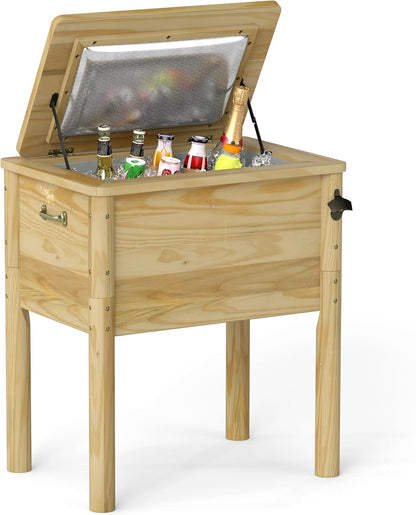FANTASK Terrassenkoeler, hout, 51 l, rustieke eistrui met 3 handgrepen, flesopener en afvoersluiting, outdoor-terrassenkoeler voor BBQ, cookouts, tuin, terras, zwembad, feest, 67 x 47 x 74 cm