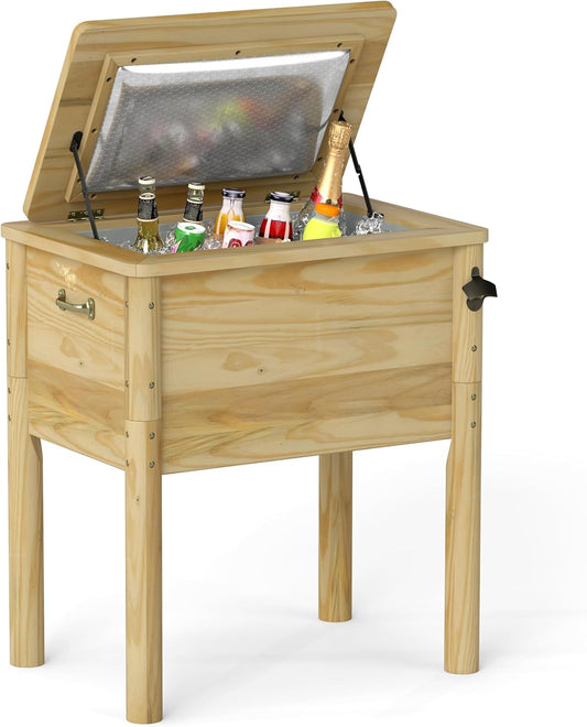 FANTASK Terrassenkoeler, hout, 51 l, rustieke eistrui met 3 handgrepen, flesopener en afvoersluiting, outdoor-terrassenkoeler voor BBQ, cookouts, tuin, terras, zwembad, feest, 67 x 47 x 74 cm
