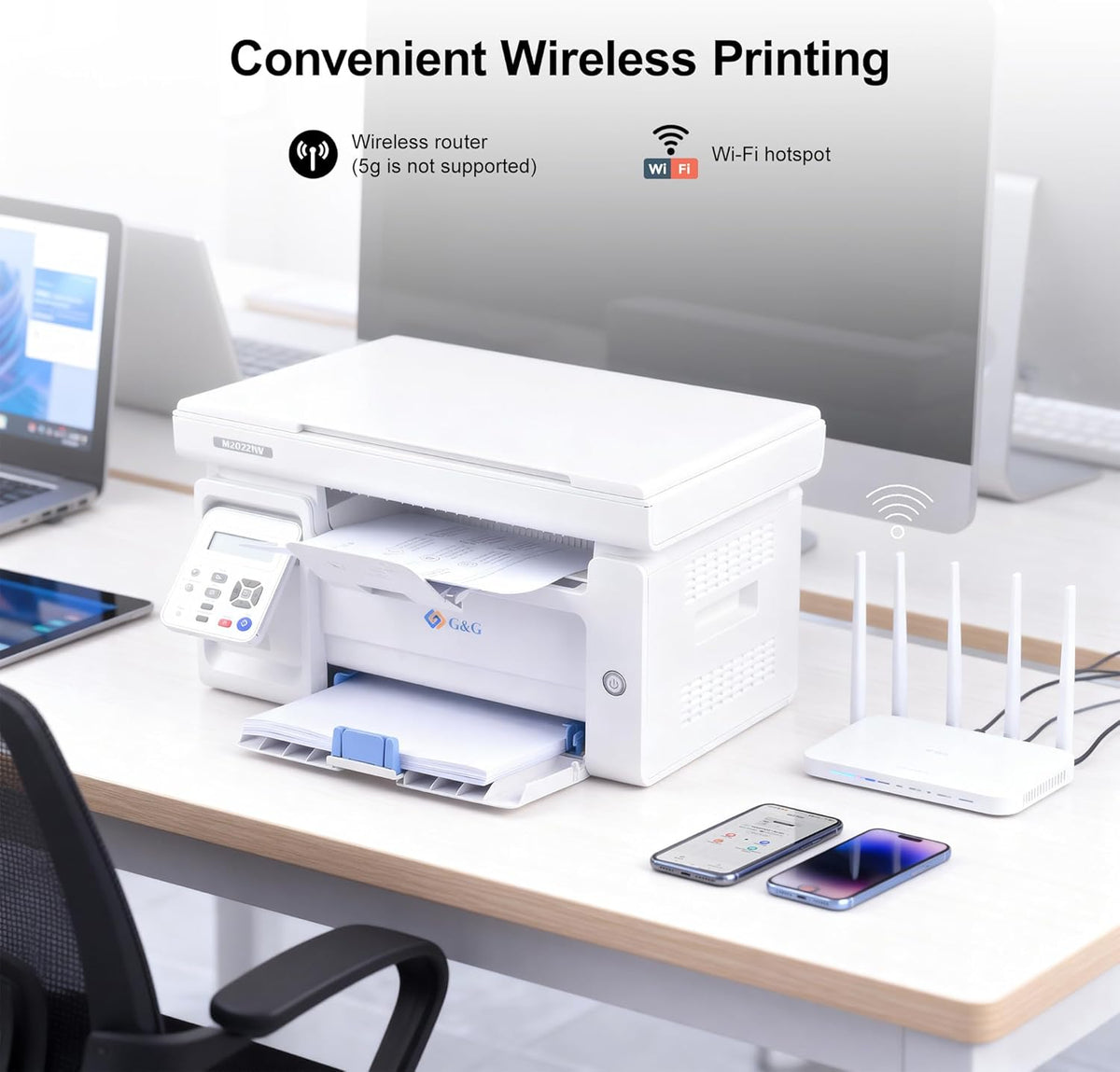 G&G M2022NW Laser Printer, Multifunction Device with Printer, Scanner and Copier, Black and White, Wi-Fi (22-23 pm)