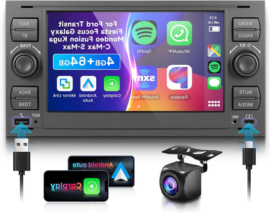 4G/64G VECHTEL 7" Bluetooth Car Radio for Ford Transit Fiesta Focus Galaxy Mondeo Fusion Kuga C-Max S-Max,CarPlay Android Auto,EQ,WiFi/GPS,RDS/FM Radio 2DIN with AHD Rear Camera - QUORE