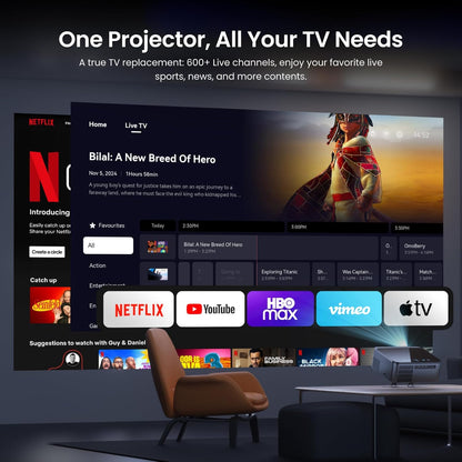 [Officiële Netflix 1000ANSI] 4K home theater projector met App Store, Live TV, 20W Dolby Audio, projector 1080p autofocus/keystone, WiFi6 Bluetooth, DTS, 4K 60Hz lage latentie voor case/spel, Ares A2