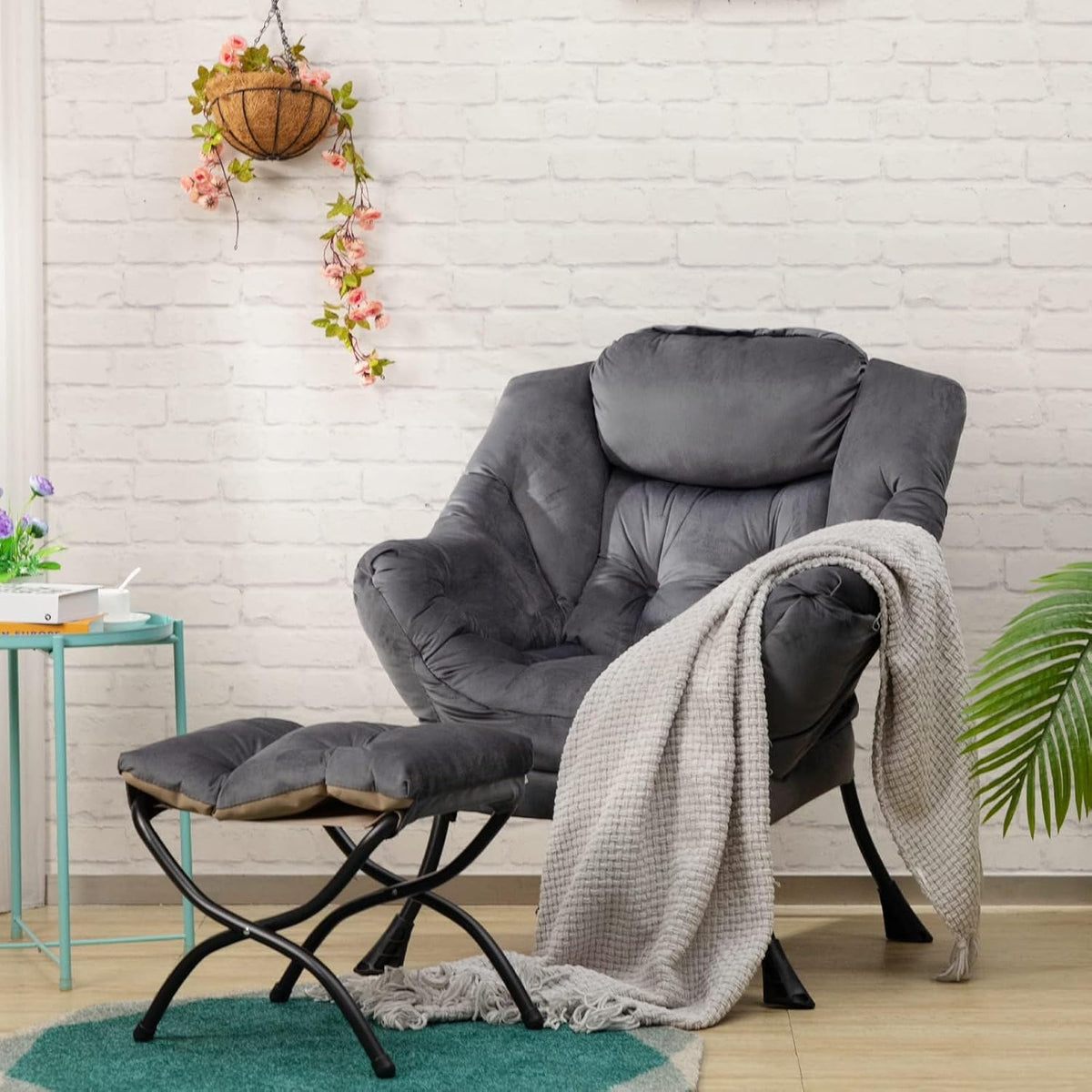 HollyHOME Relax Fauteuil met Voetenbank Woonkamer Stoel Slaapkamer Stoel Lounge Stoel met Armleuningen Leesstoel Accentstoel met Stalen Frame, Donkergrijs
