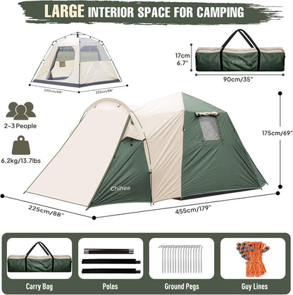 Chihee Campingtent, draagbare pop-up tent, familietent 2 deuren, onmiddellijke installatie, grote weerbestendige tent, 4 seizoenen tent met afgeschermde voortent