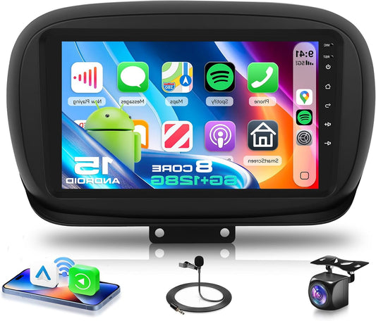 8 KERN 6G+128G Car Radio Android 15 für FIAT 500X 2014-2020, 9 Zoll IPS HD Touch Screen Car Radio mit Drahtlos Carplay Android Car DSP GPS Wi-Fi USB Bluetooth 5.0 FM RDS Radio Rückfahrkamera - QUORE
