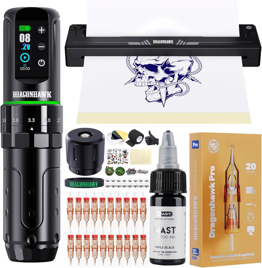 Tattoo Pen Kit – Tattoo Machine – Tattoo Gun – Tattoomasjien – Tatoeage Pen – Draadloos & Draagbaar – Instelbare Slaglengte 2.4-4.2 mm – 2000mAh Batterij & Stencilprinter