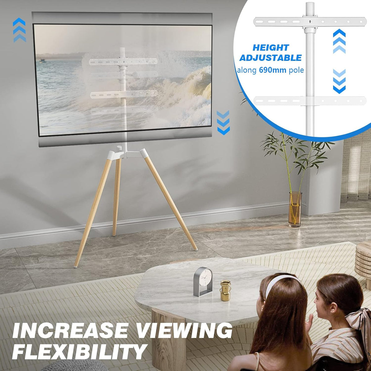 RFIVER Statief ezel tv-standaard voor 32-65 inch LED LCD OLED-scherm - Draaibaar en in hoogte verstelbaar houten tv-vloerstandaard - Max VESA 400x400mm - Max belasting 35kgs - wit