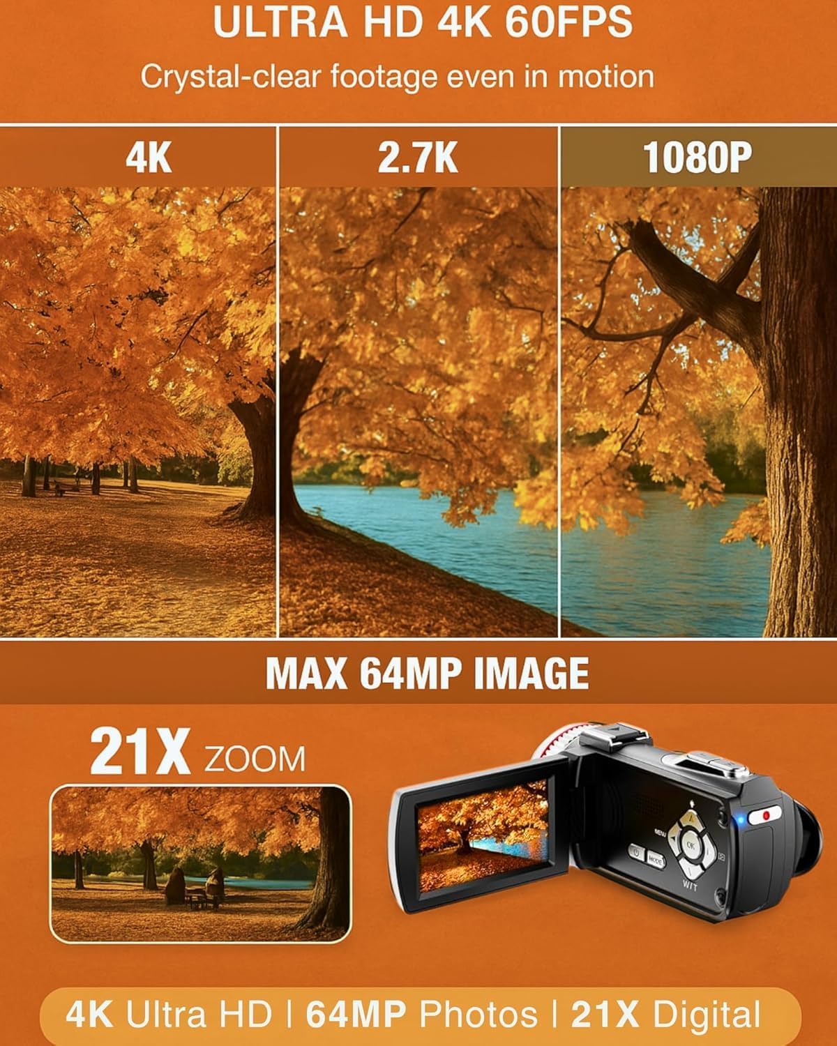 Videocamera 4K 48MP – Camcorder – Vlogcamera – YouTube Camera – Digitale Videocamera – 21x Digitale Zoom – 3,0'' 270° Draaibaar Scherm