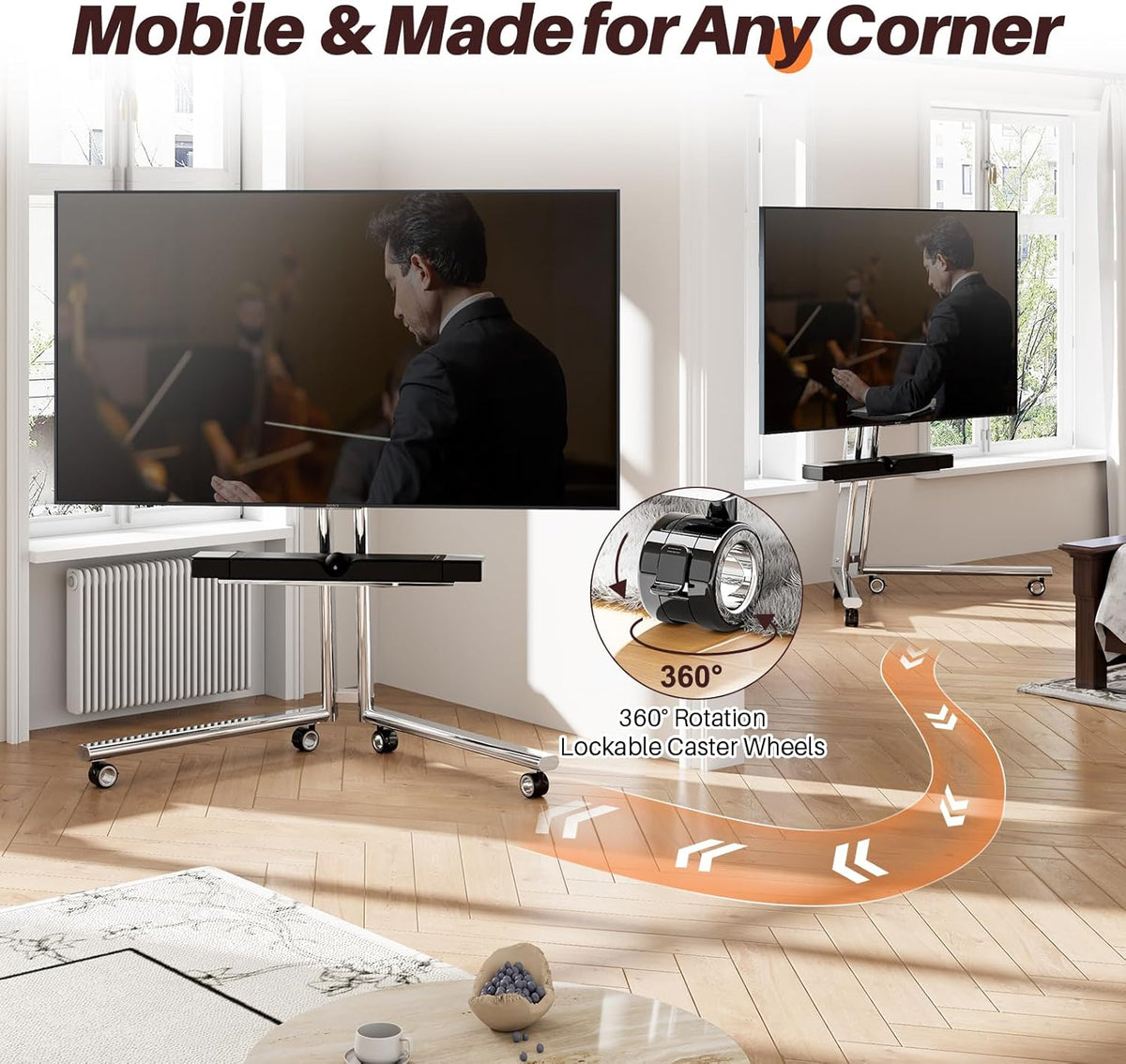 Mobiele tv-kar ezel rollende tv-standaard met soundbar-plank voor schermen van 32 tot 65 inch, minimalistisch roestvrijstalen frame met 360 ° wielen, draagbare vloer-tv's staan tot 80 lbs Max VESA