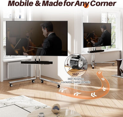 Mobiele tv-kar ezel rollende tv-standaard met soundbar-plank voor schermen van 32 tot 65 inch, minimalistisch roestvrijstalen frame met 360 ° wielen, draagbare vloer-tv's staan tot 80 lbs Max VESA