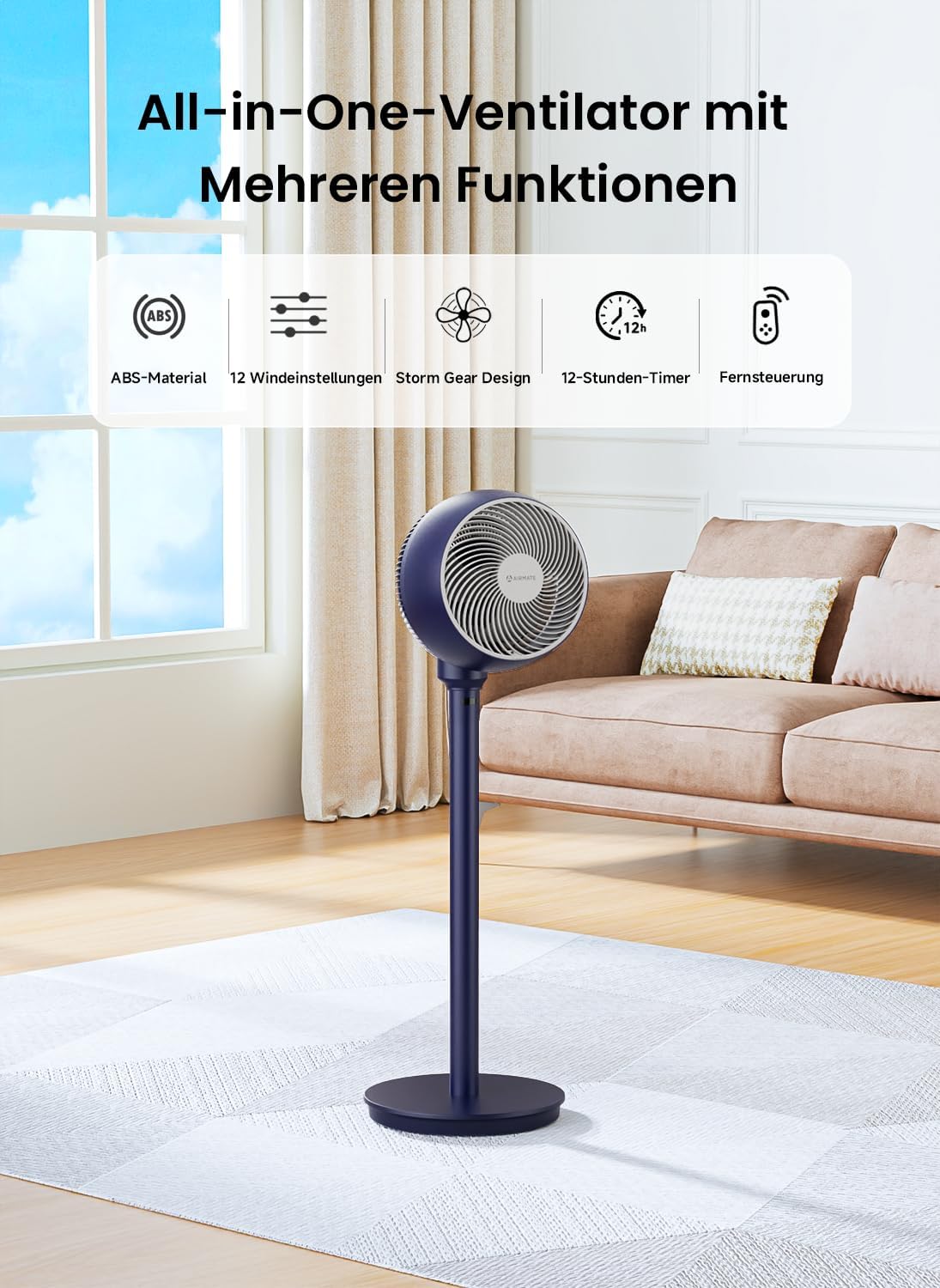 AIRMATE 25 dB staande ventilator, stil, 26 m windafstand, 1600 m³/h luchtvolume, echte turbo-luchtcirculator, in hoogte verstelbaar, ventilator met afstandsbediening, 3 modi/12 standen/12 timers