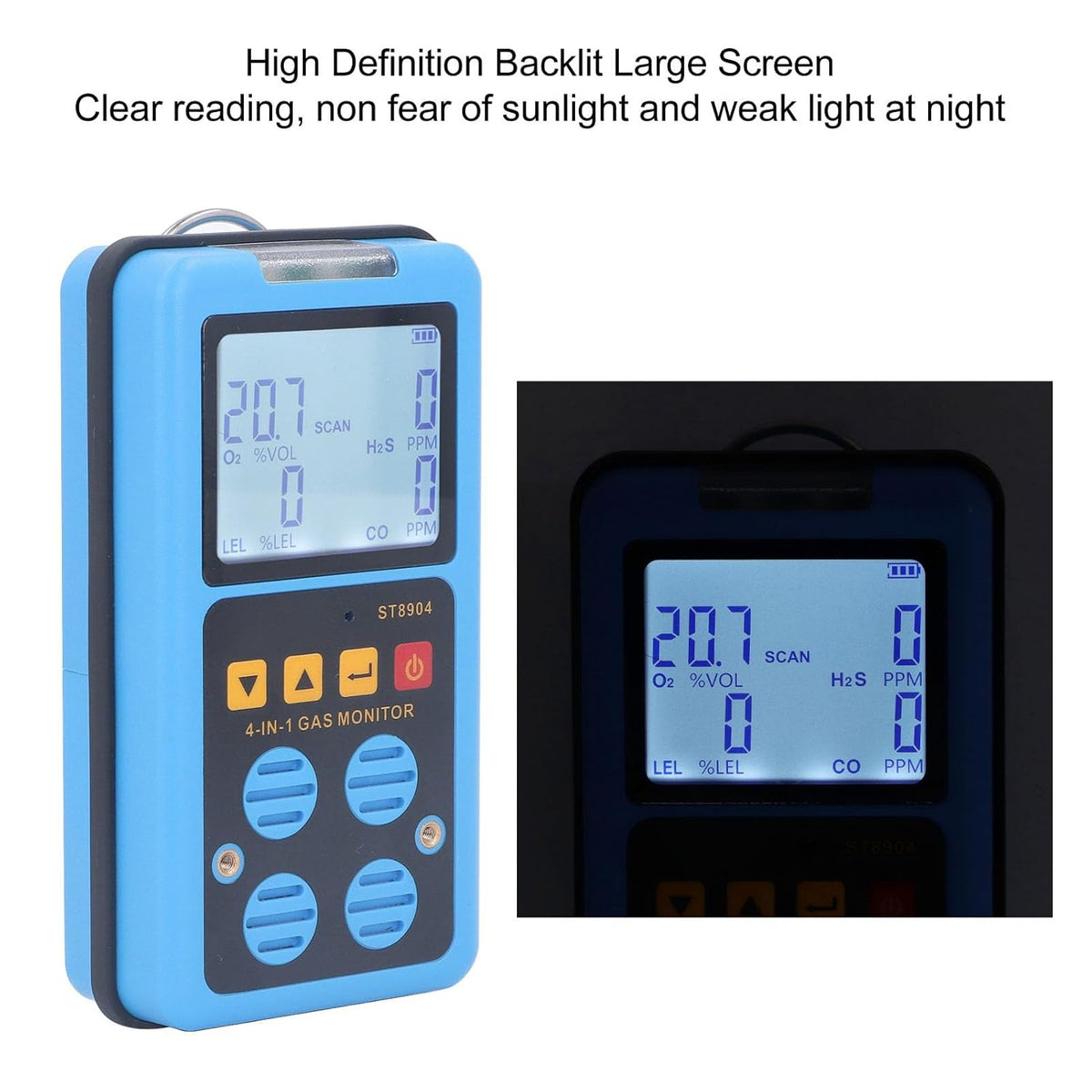 4 in 1 Gasmonitor, CO H2S O2 LEL Veelvoudige Indicator Geluidslicht, Trilling, Alarm Gaslekdetector met Achtergrondverlichting Handheld Gasdetector voor Thuis Chemisch Laboratorium
