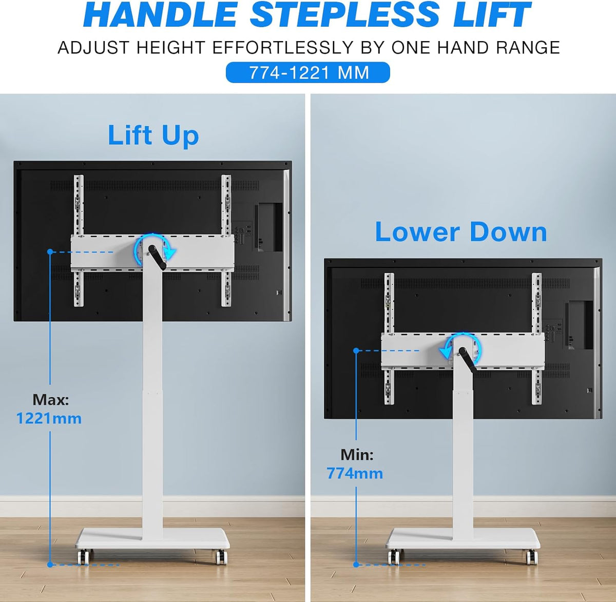 Draagbare tv met standaard met wieltjes voor 42-75 inch, hoogteverstelling met zwengel, tv-beugel voor de vloer, maximale belasting 50 kg, VESA max. 600 × 500 mm