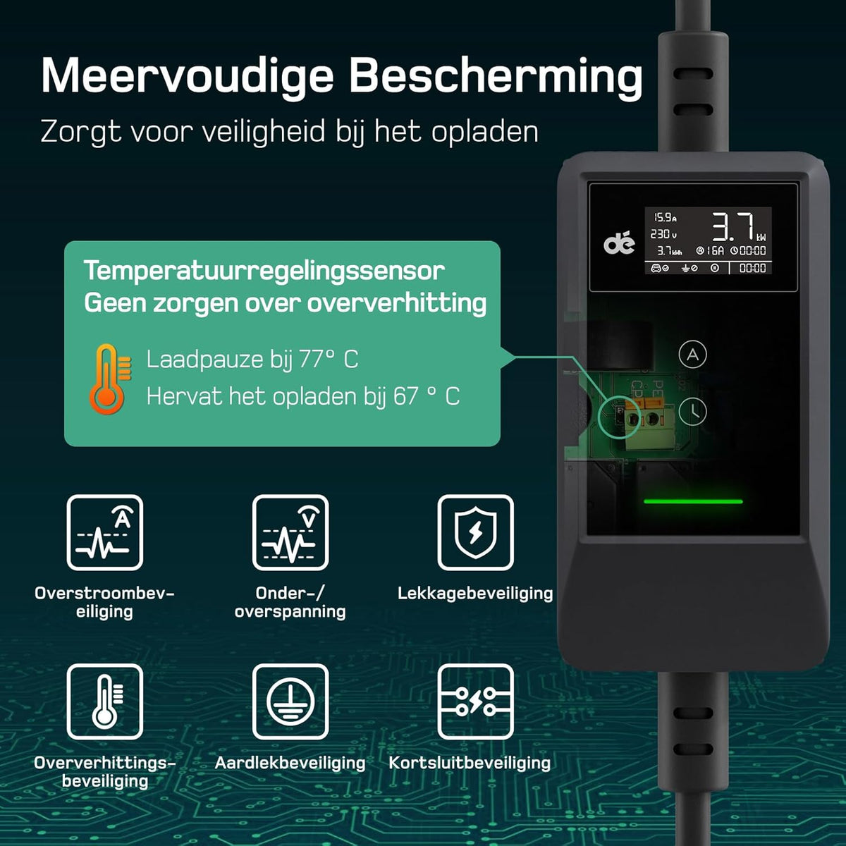 dé EV Charger Type 2 met APP 3,7kW [5,5m, 1-Fase, 6-16A] EV Laadkabel Type 2 en WIFI, Thuislader Auto met Digitaal Display, EV Oplader voor Model Y/3, ID.3/4, EX30, Enyaq en andere EV/PHEV, Zwart
