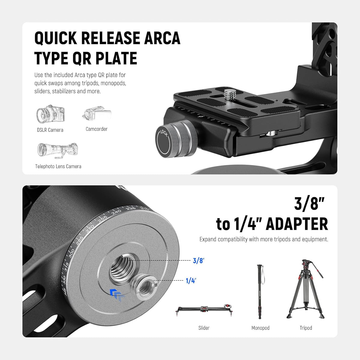 NEEWER GM102 Gimbalkop voor statief, monopod, telelens, 360° panorama-camera-statiefkop, 3-assige instelling, hoogwaardige CNC-aluminiumlegering, Arca-type snelspansysteem, maximaal 15 kg