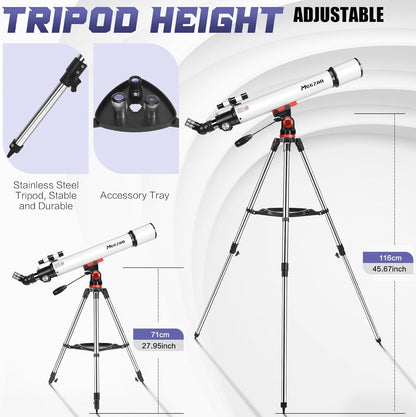 Telescoop, Astronomie Telescoop voor Volwassenen Professioneel, 70mm Opening 700mm Refractor Telescopen voor Kinderen en Beginners, Draagbare Reistelescopen met Roestvrijstalen Statief