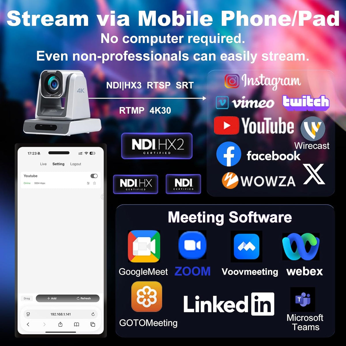 Zowietek 4K PTZ-camera (native NDI|HX3), Ergo-Ease afstandsbediening, ZowieX App, 25x optisch + 12x digitaal, SDI/HDMI/USB, RTSP/RTMP/SRT. Perfect voor vergaderingen, kerk, evenementen, onderwijs.