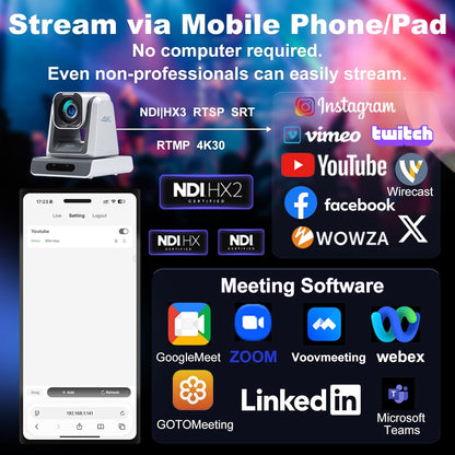 Zowietek 4K PTZ-camera (native NDI|HX3), Ergo-Ease afstandsbediening, ZowieX App, 25x optisch + 12x digitaal, SDI/HDMI/USB, RTSP/RTMP/SRT. Perfect voor vergaderingen, kerk, evenementen, onderwijs.