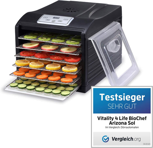 BioChef Arizona Sol Voedseldroger met 6 sleuven van roestvrij staal Plus digitale timer + thermostaat, 1 x anti-aanbakfolie, 1 x fijnmazige inlegmat, 1 x opvangplaat (zwart)